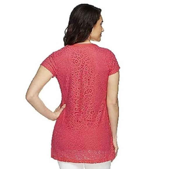 Isaac Mizrahi Live! Women's Short Sleeve Mixed Lace Lined Tunic Top - M - Black - Picture 7 of 7